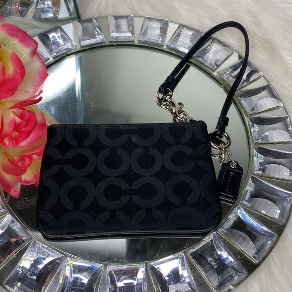 Coach Black Signature Logo Leather Zipper Wristlet - Picture 3 of 8